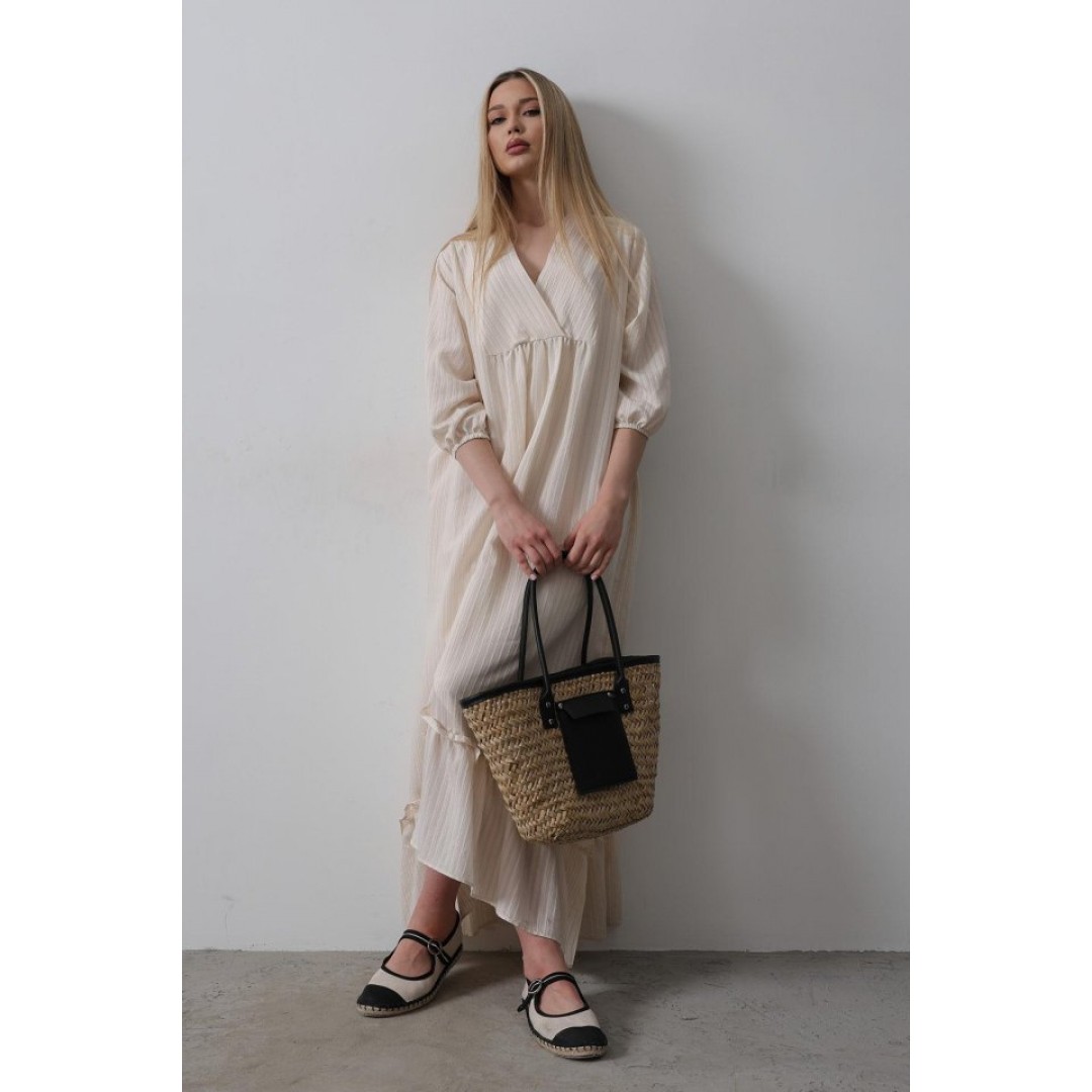 Çizgili Oversize V Yaka Elbise - Bej - 154465
