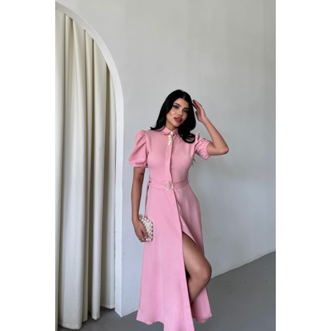 YAKA DÜĞME DETAYLI ELBİSE- Pembe 154392 YAKA DÜĞME DETAYLI ELBİSE- Pembe 154392