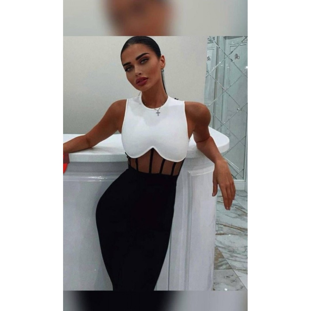 Kadın Bisiklet Yaka Kolsuz çift Renk Ve Bel Transparan Korse Detay Midi Boy Elbise - 154104