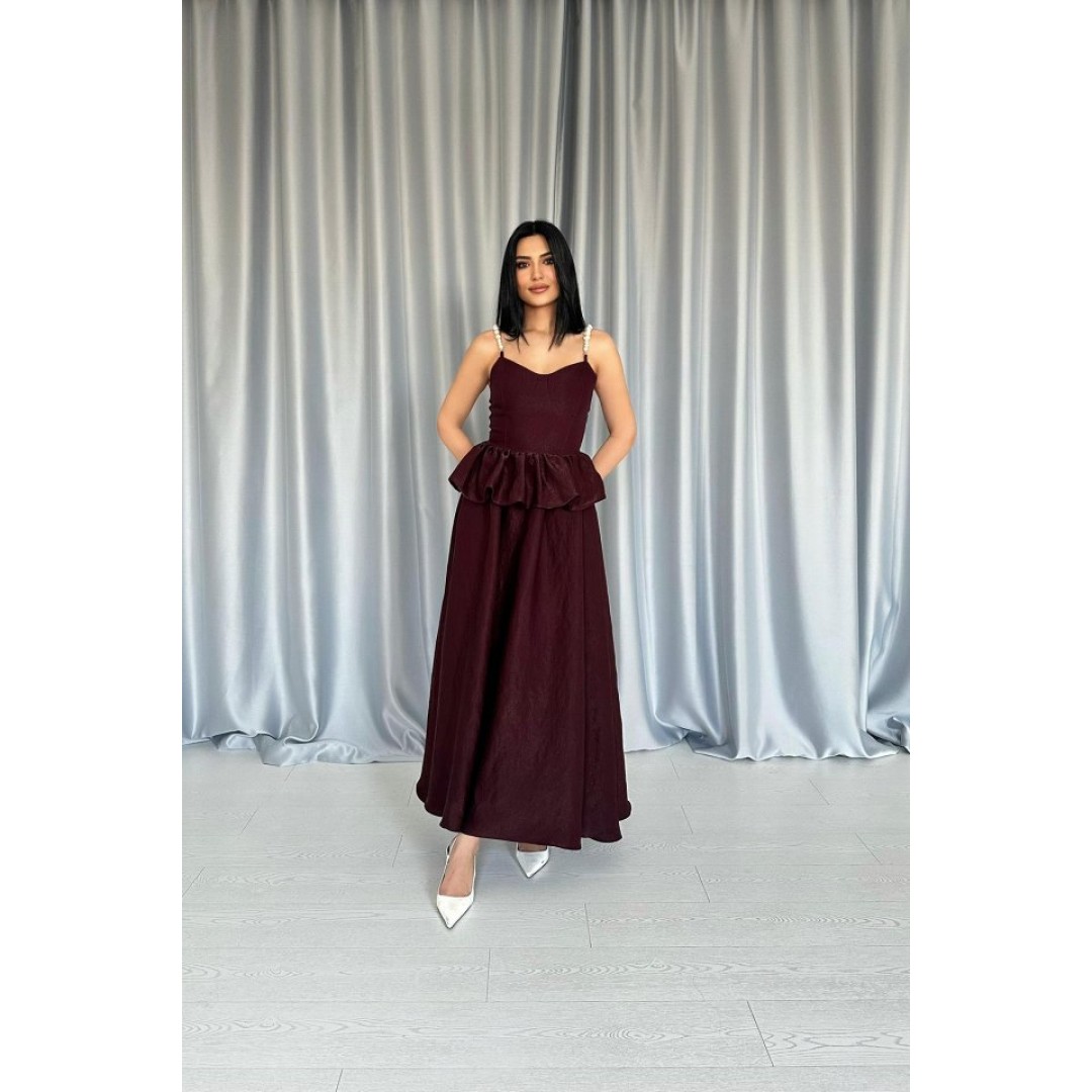 Bordo Beli Büzgülü İnci Askılı Uzun Elbise 154615 Bordo Beli Büzgülü İnci Askılı Uzun Elbise 154615