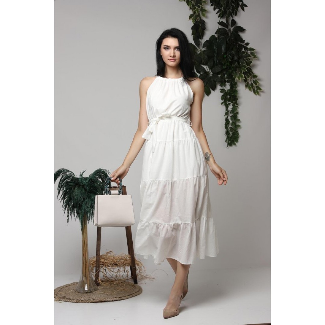 Ekru Halter Yakalı Kuşaklı Elbise - 149040