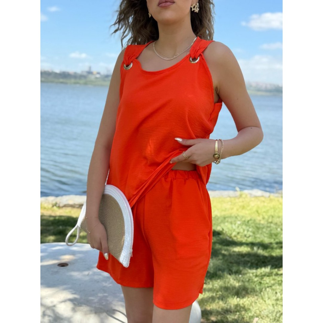 Kadın Kolsuz V Yaka Kuş Gözü Detay Bluz Short Aerobin Ikili Takım 159826