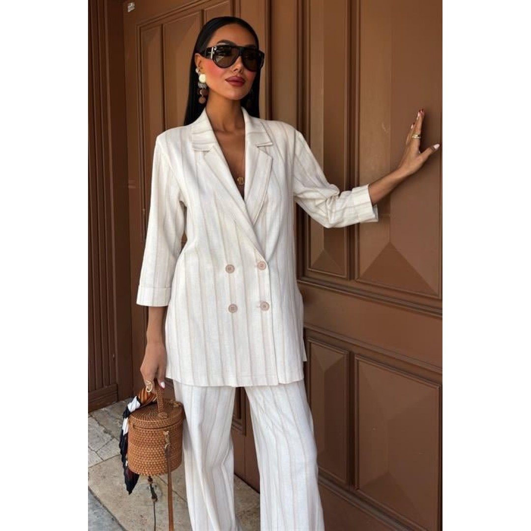 Blazer Ceketli Çizgili Keten Takım 10186 159435
