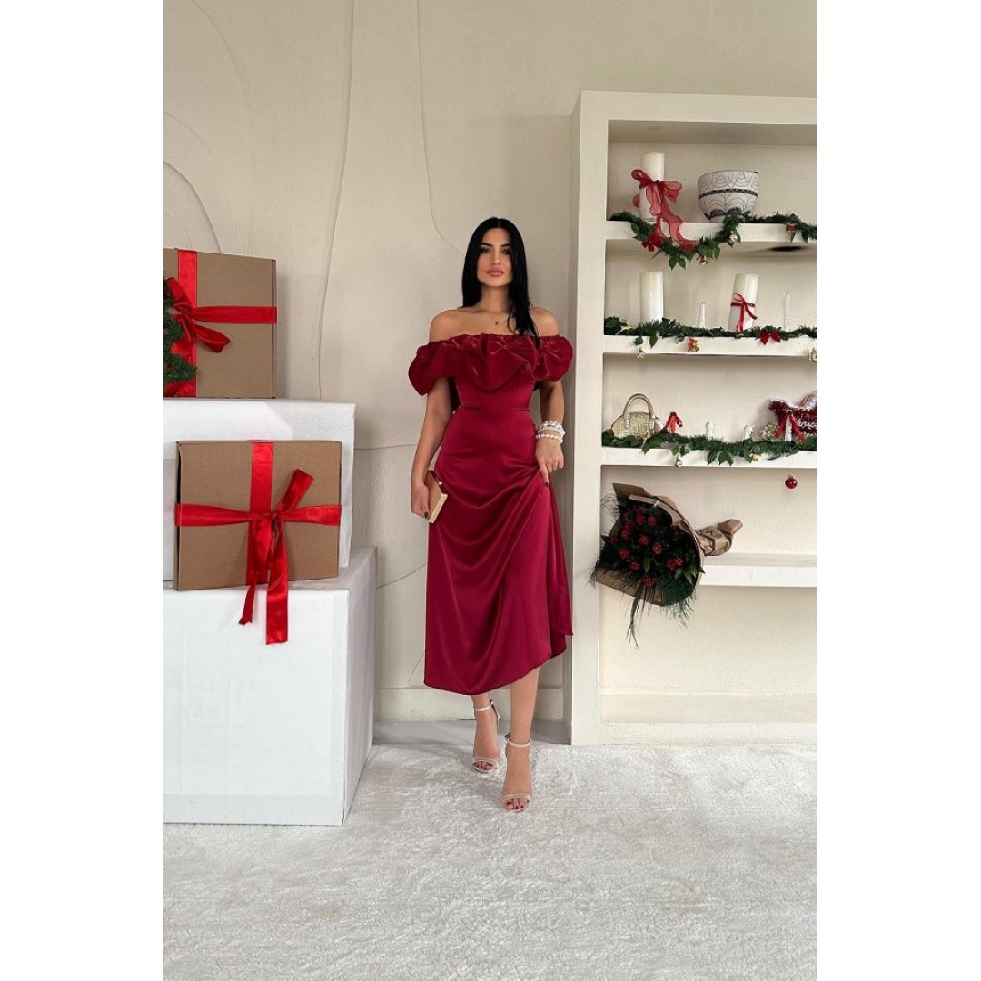 Bordo Omuz Büzgülü Saten Elbise - 154204 Bordo Omuz Büzgülü Saten Elbise - 154204