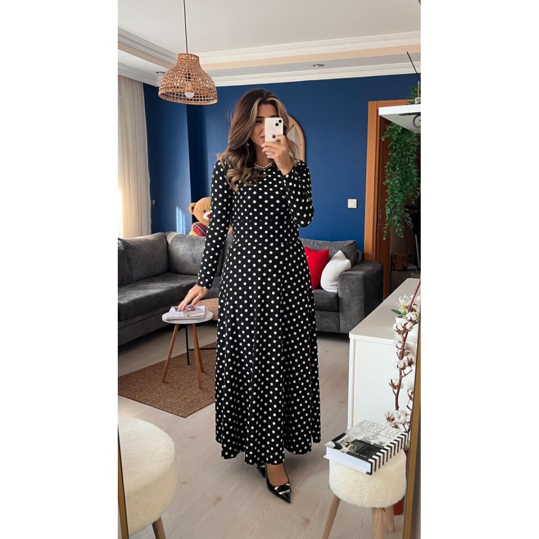 Kadın Krep Kumaş Uzun Kollu Tam Boy Puantiyeli Elbise 132 Cm