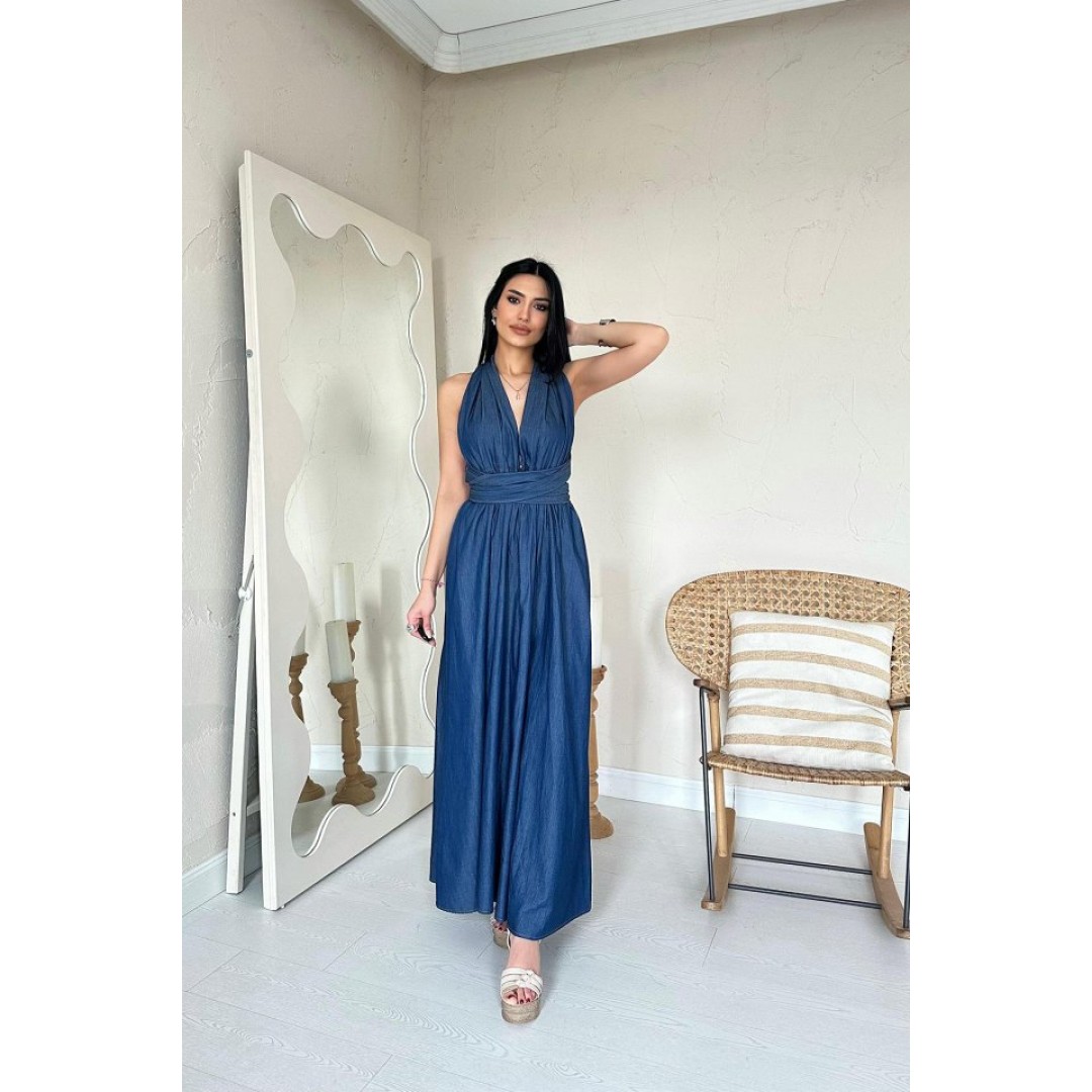 Mavi Tencel Bağlamalı Elbise - 155549 Mavi Tencel Bağlamalı Elbise - 155549