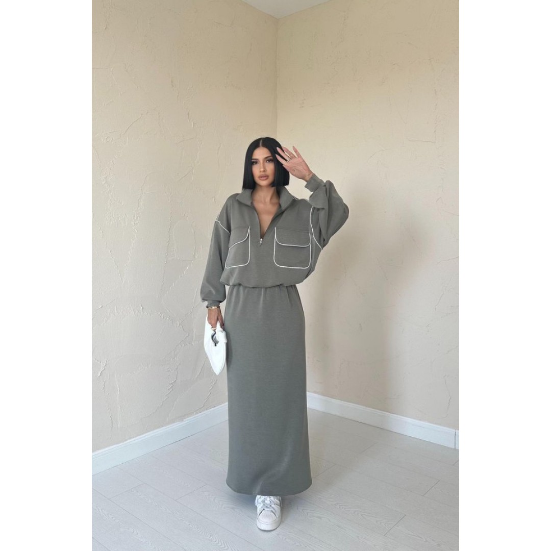 Haki Biyeli Sweatshirt Ve Etek Takım