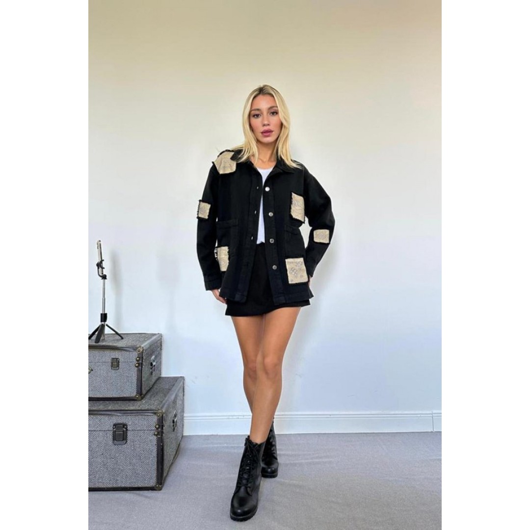 Siyah Gabardin Arma Detaylı Gömlek Ceket - 148390 Siyah Gabardin Arma Detaylı Gömlek Ceket - 148390