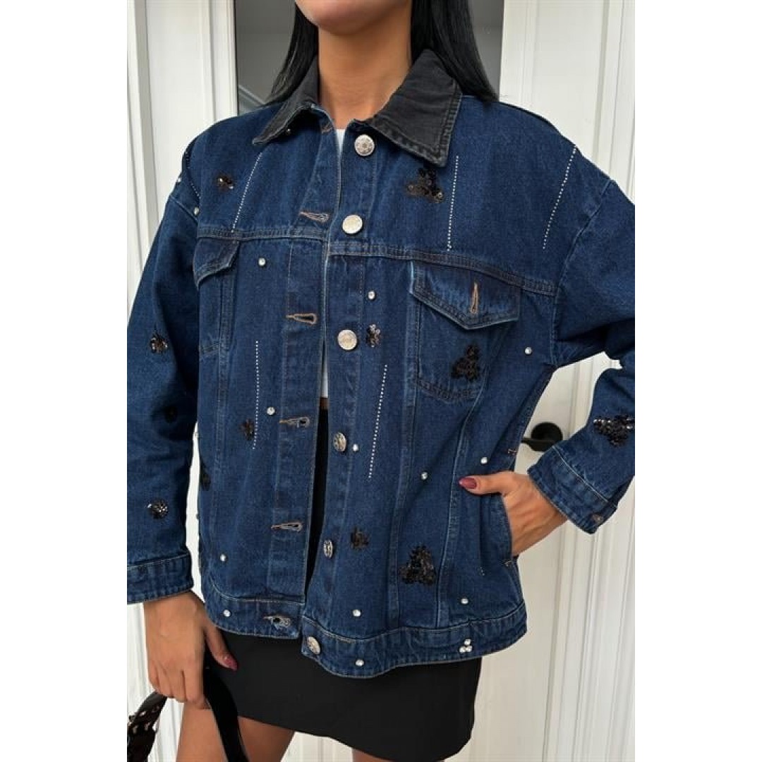Yaka Siyah Garni Pul Payet Taşlı Oversize Denim Ceket 6125 158770 Yaka Siyah Garni Pul Payet Taşlı Oversize Denim Ceket 6125 158770