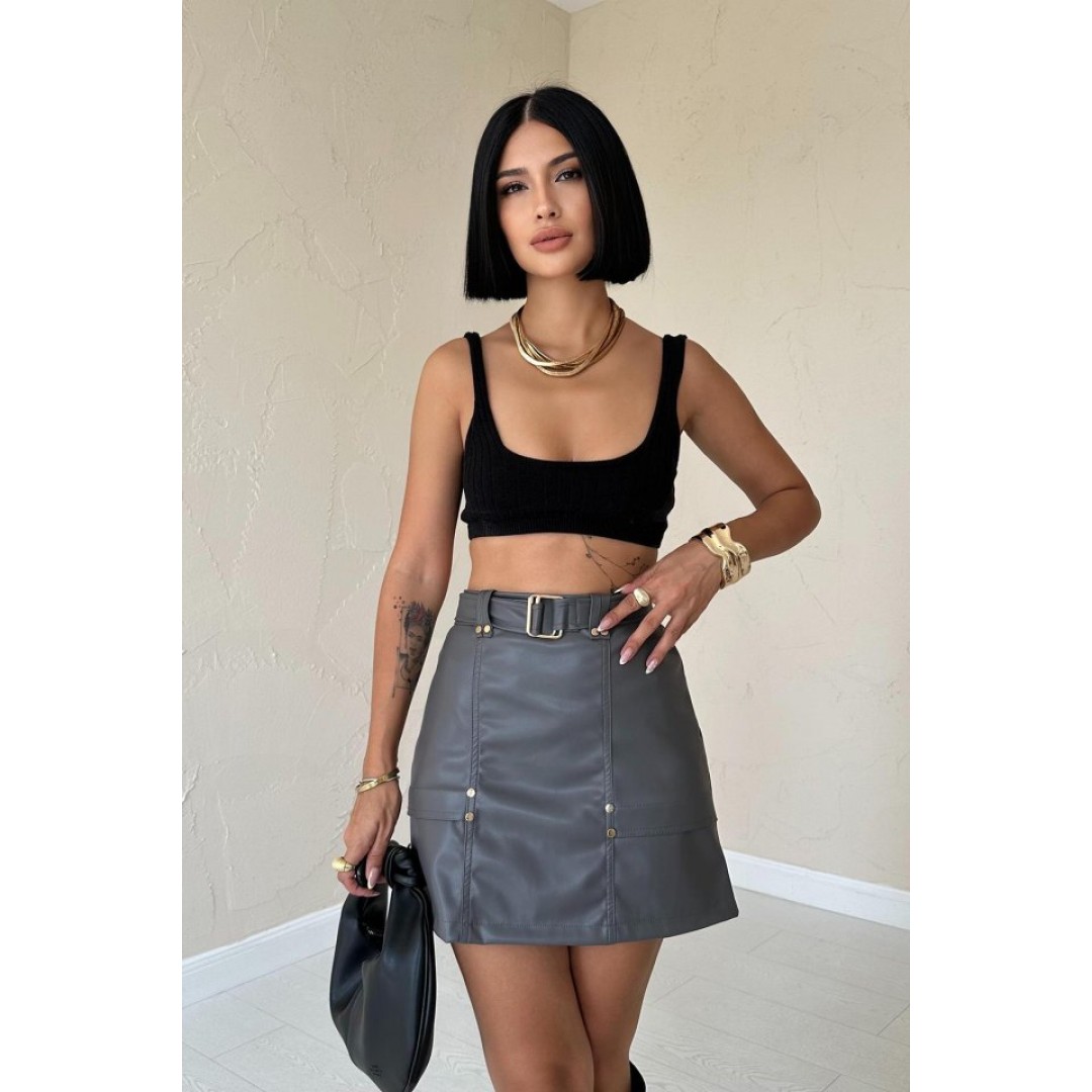 Gri Kemerli Mini Deri Etek 153847 Gri Kemerli Mini Deri Etek 153847