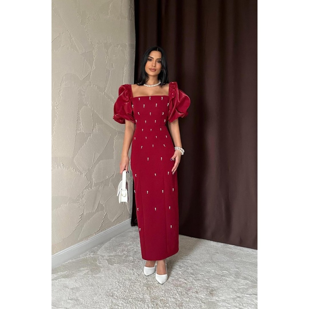 Bordo İşlemeli Kolu Garnili Elbise 159305 Bordo İşlemeli Kolu Garnili Elbise 159305