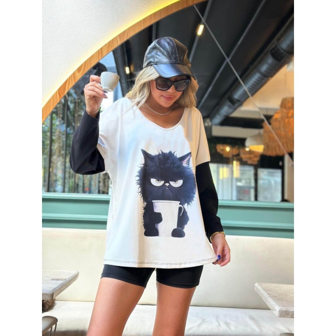 Kadın Uzun Kollu V Yakalı Kedi Baskılı şardonlu Dalgıç Bluz - 133538 Kadın Uzun Kollu V Yakalı Kedi Baskılı şardonlu Dalgıç Bluz - 133538