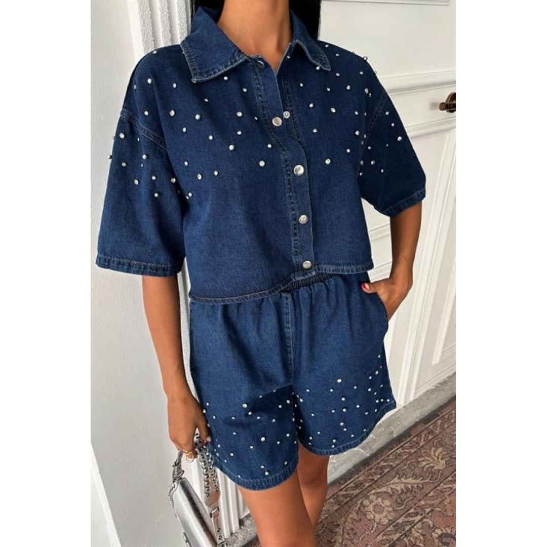 Taş Detaylı Gömlek Şort Denim Takım 10175 159450 Taş Detaylı Gömlek Şort Denim Takım 10175 159450
