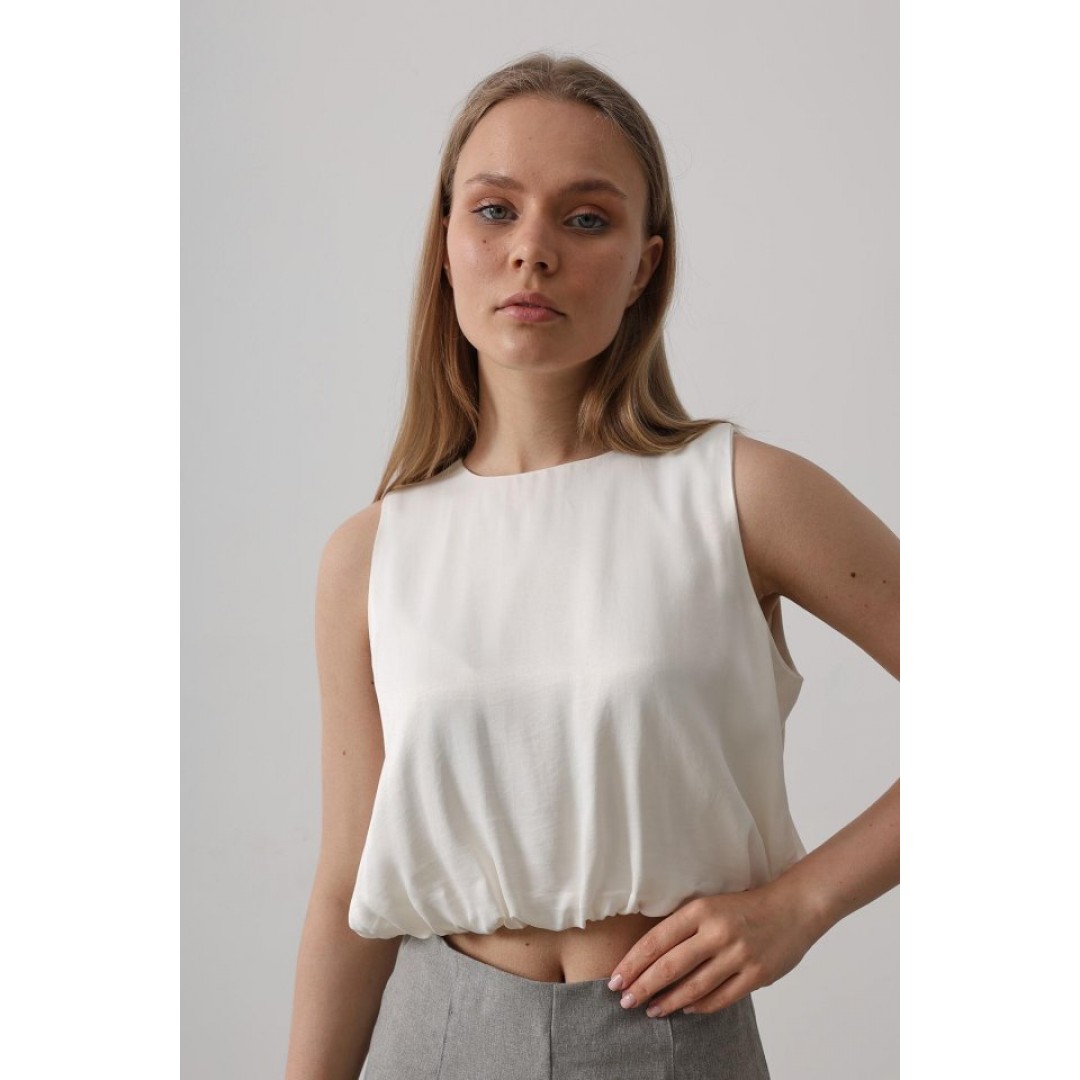 Saten Kolsuz Belki Lastikli Bluz - Ekru 160645 Saten Kolsuz Belki Lastikli Bluz - Ekru 160645