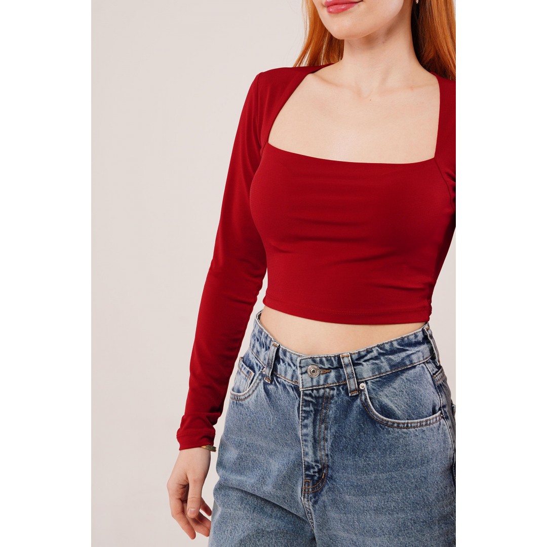 Kare Yaka Basic Bordo Bluz - 147544 Kare Yaka Basic Bordo Bluz - 147544