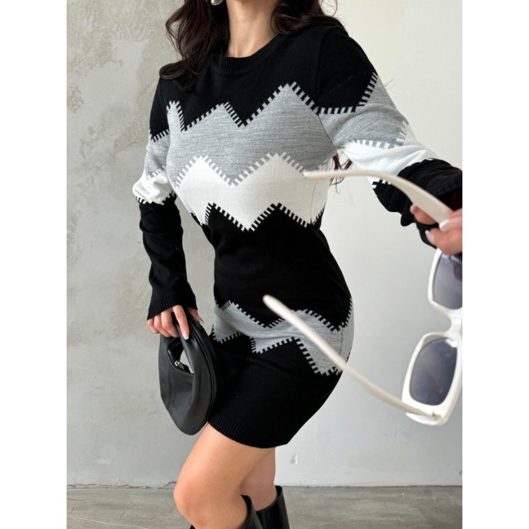 Kadın Uzun Kollu Zigzag Desen Triko Elbise 135121 Kadın Uzun Kollu Zigzag Desen Triko Elbise 135121