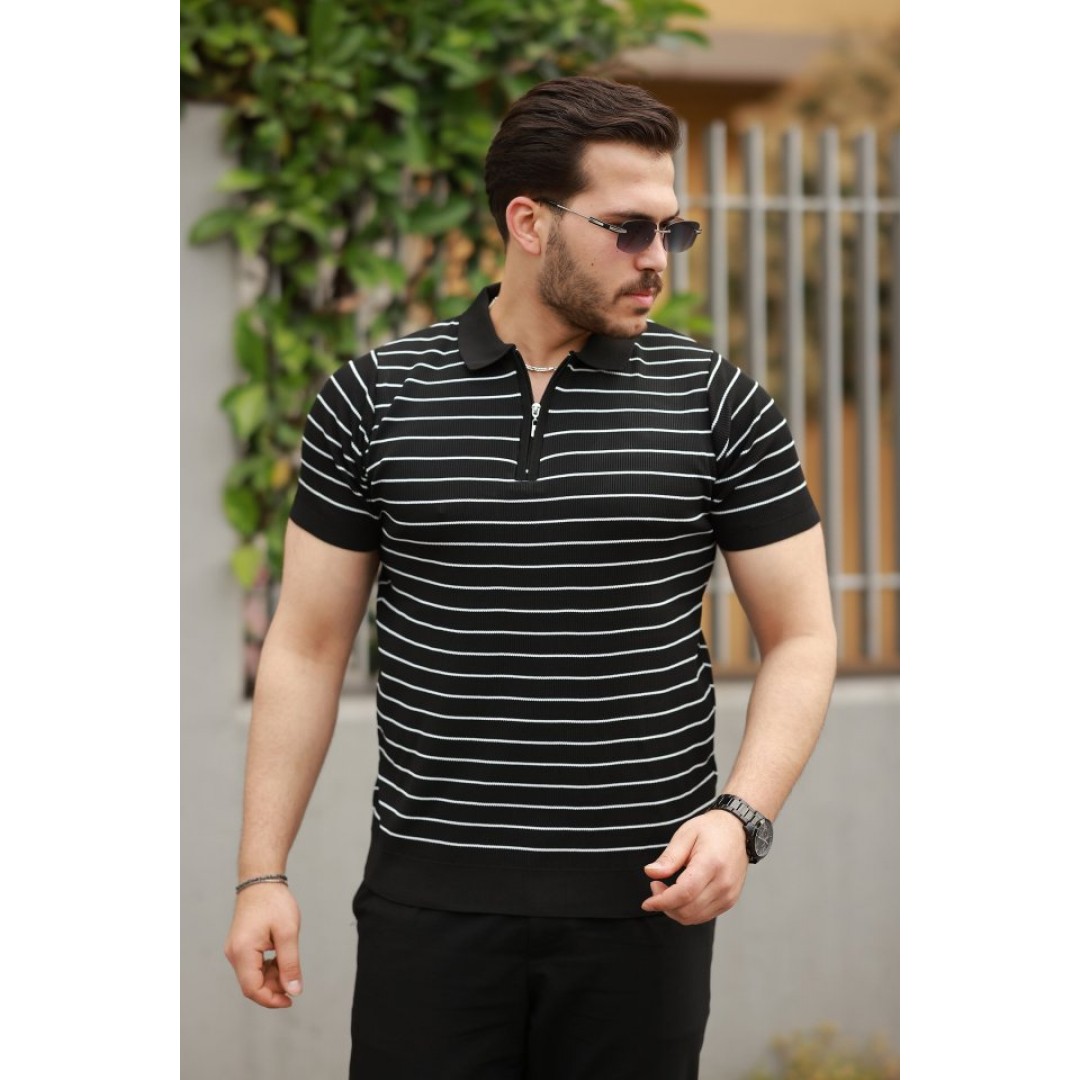 Erkek Fermuar Yakalı çizgili Kısa Kollu T-shirt