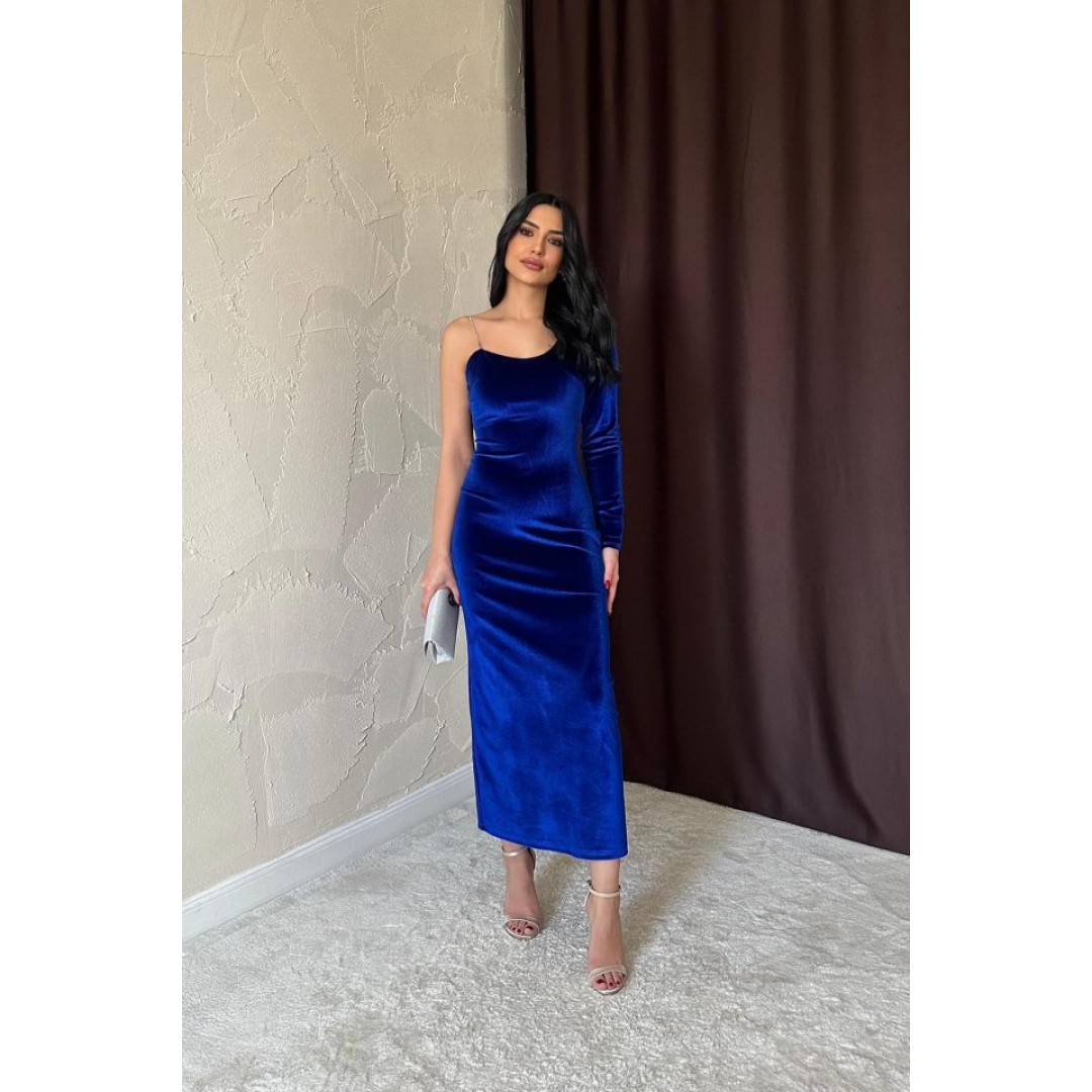 Saks Tek Omuzlu Taş Askılı Elbise 152786 Saks Tek Omuzlu Taş Askılı Elbise 152786