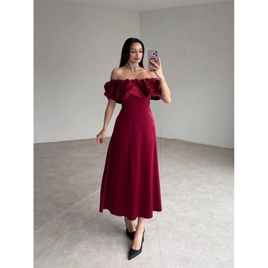 Bordo Omuz Büzgülü Saten Elbise - 154272 Bordo Omuz Büzgülü Saten Elbise - 154272