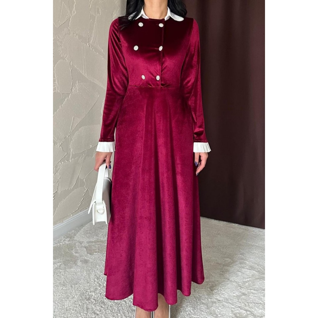 Bordo Yakası Taşlı Garnili Kadife Elbise - 154413 Bordo Yakası Taşlı Garnili Kadife Elbise - 154413