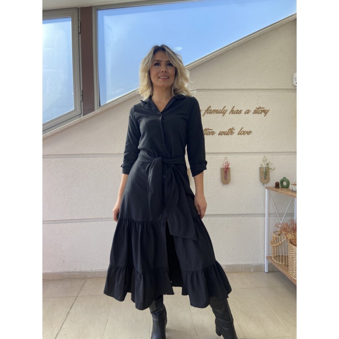 Kadın Uzun Kollu Eteği Fırfırlı Beli Kuşaklı Trikoton Tam Boy Gömlek Elbise - 133040 Kadın Uzun Kollu Eteği Fırfırlı Beli Kuşaklı Trikoton Tam Boy Gömlek Elbise - 133040