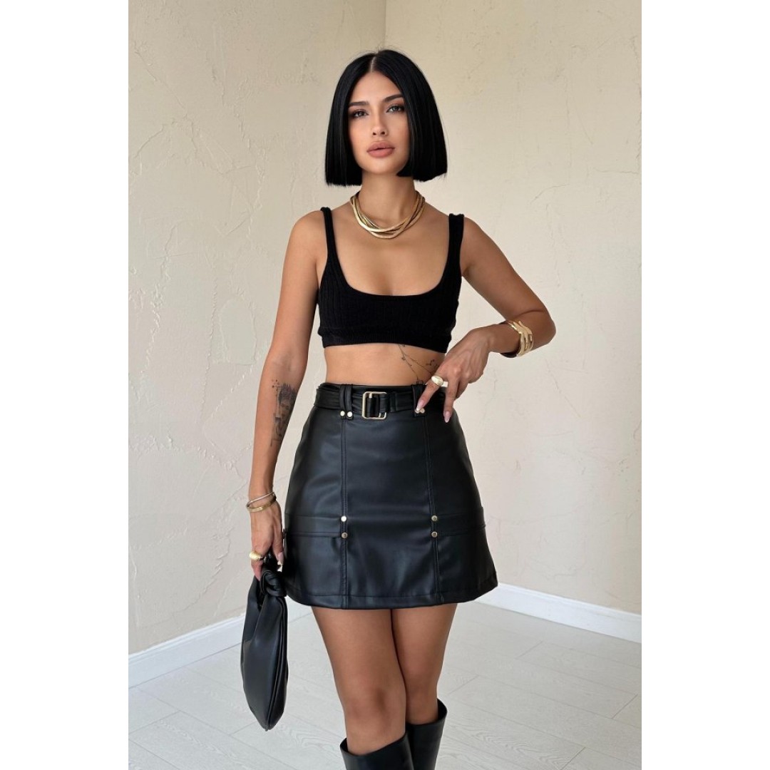 Siyah Kemerli Mini Deri Etek 153846 Siyah Kemerli Mini Deri Etek 153846