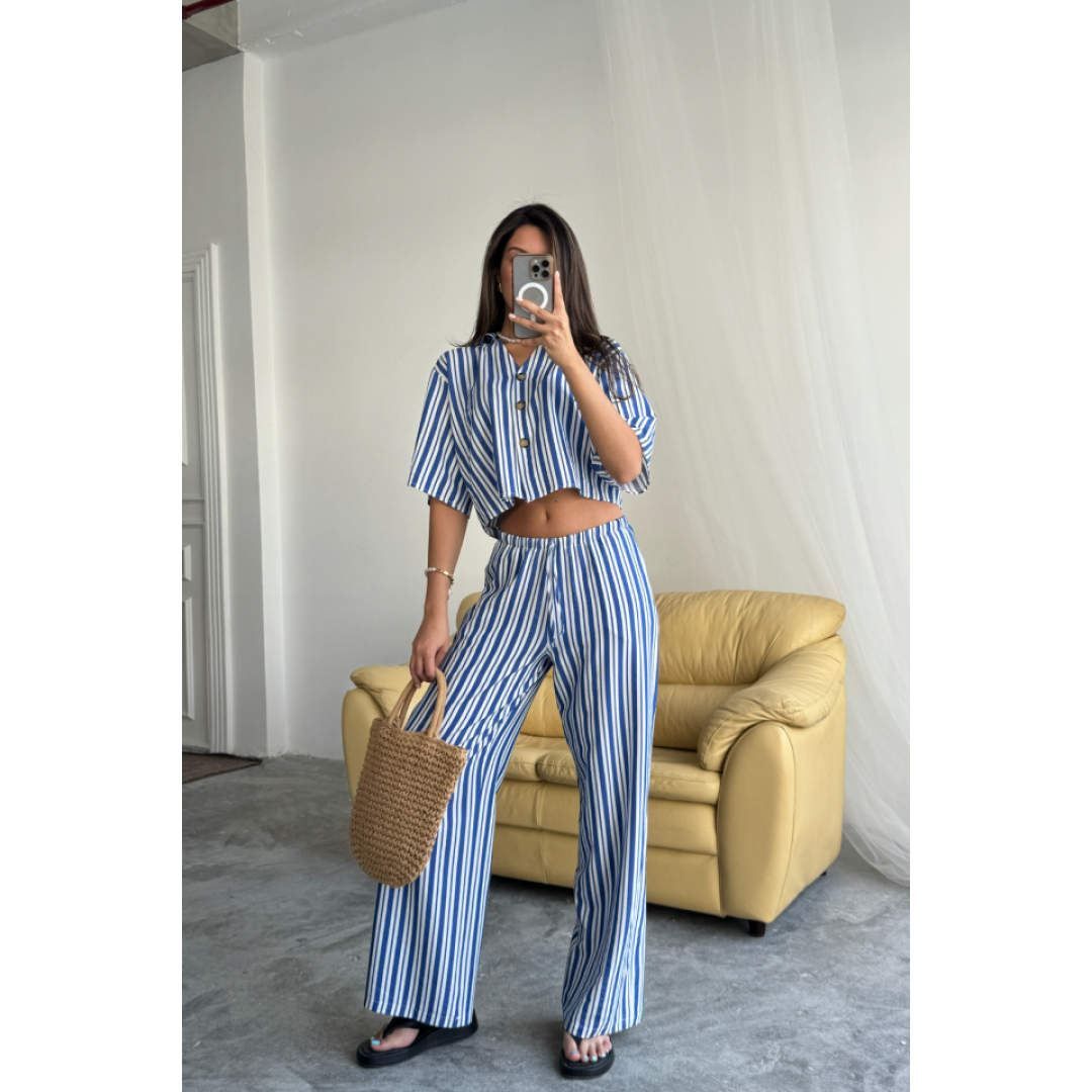 ÇİZGİLİ CROP GÖMLEK - SALAŞ PANTOLON TAKIM MODAL - Mavi 159501