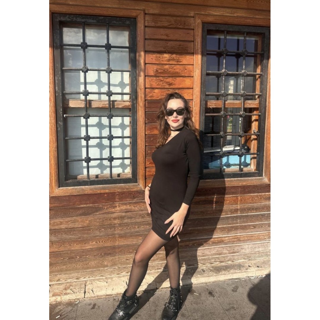 Kadın Uzun Kollu Tek Omuz Ve Kol Açık Detay Viskon Mini Boy Elbise - 134363 Kadın Uzun Kollu Tek Omuz Ve Kol Açık Detay Viskon Mini Boy Elbise - 134363