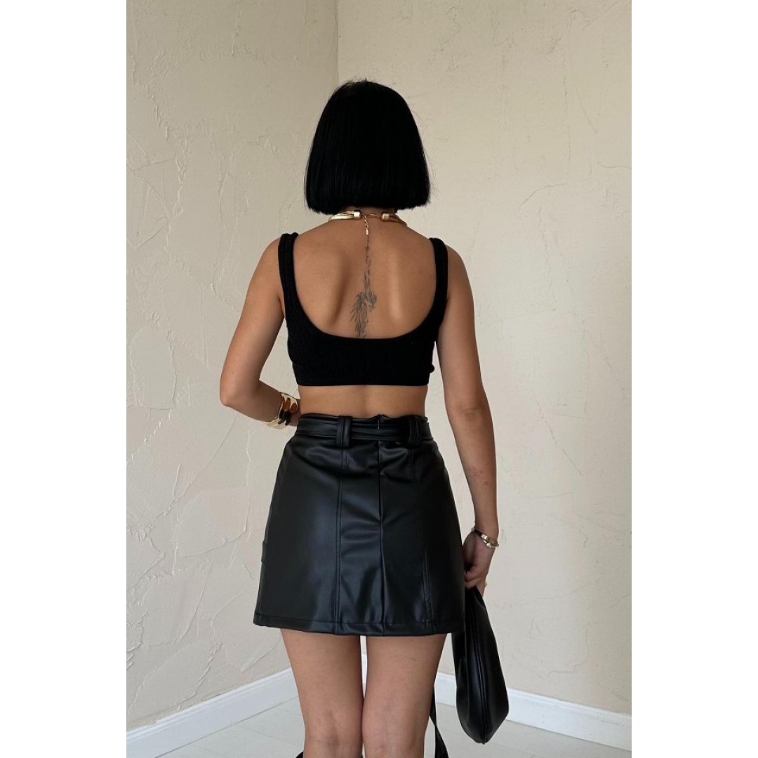 Siyah Kemerli Mini Deri Etek 153846 Siyah Kemerli Mini Deri Etek 153846