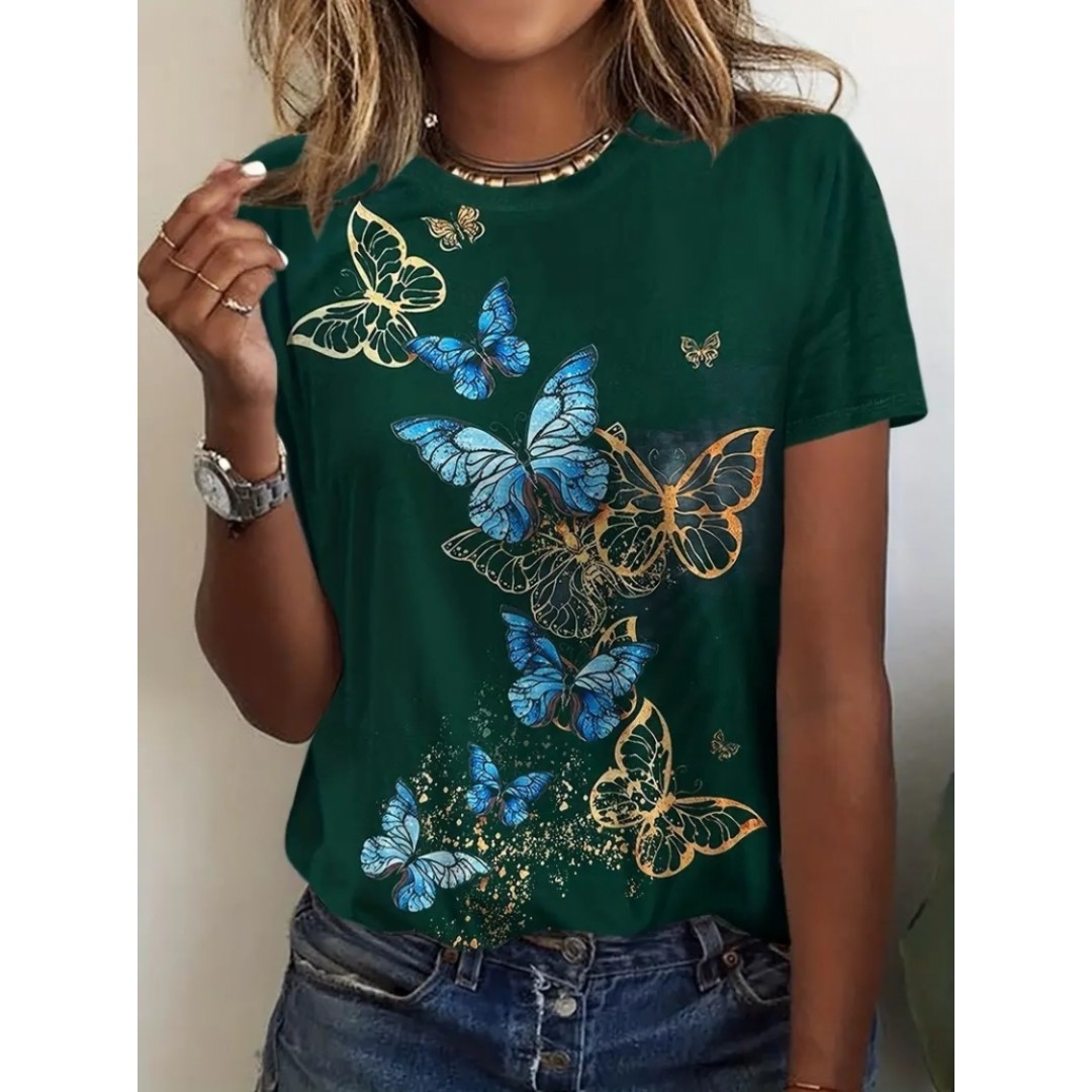 Kadın Kısa Kollu Mavi Sarı Kelebek Baskı Süprem T-shirt 115130 Kadın Kısa Kollu Mavi Sarı Kelebek Baskı Süprem T-shirt 115130