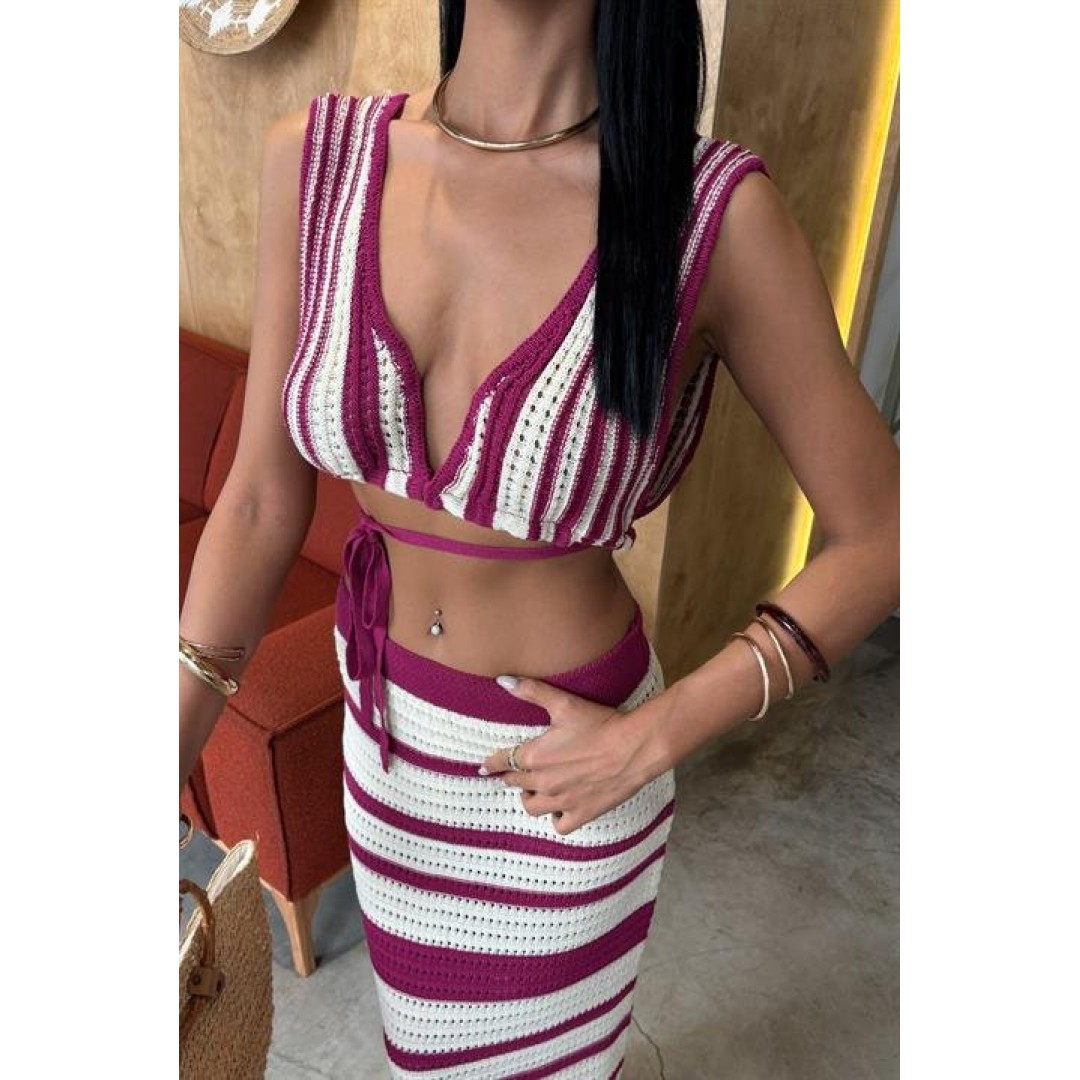 Çizgili Bikini Üst Ve Etek Triko Takım 10110 159258 Çizgili Bikini Üst Ve Etek Triko Takım 10110 159258