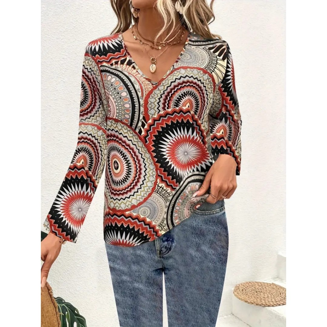 Kadın Uzun Kollu V Yakalı Desenli Süprem Bluz - 137582 Kadın Uzun Kollu V Yakalı Desenli Süprem Bluz - 137582