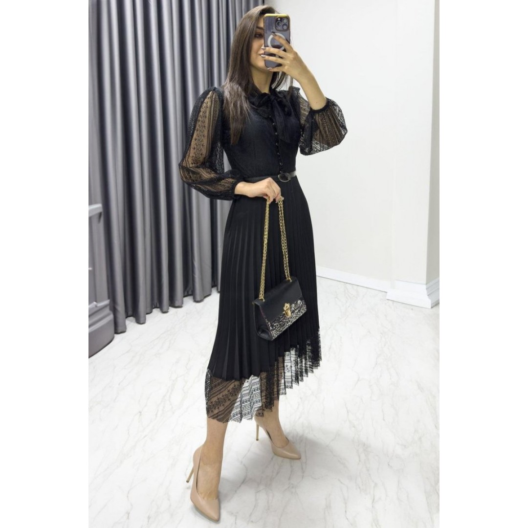 Kadın Denim Kumaş Dantel Detay Pileseli Elbise - 127076 Kadın Denim Kumaş Dantel Detay Pileseli Elbise - 127076