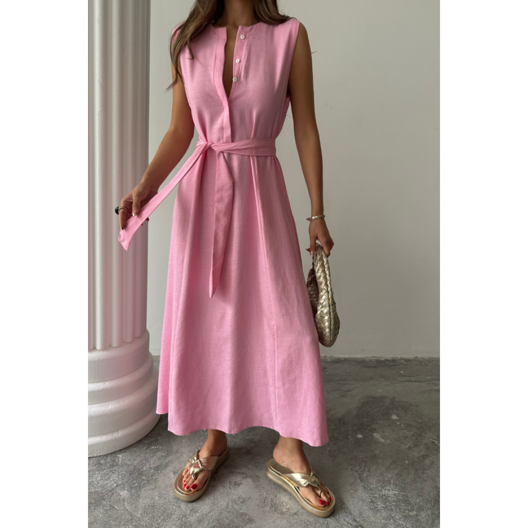 KETEN ELBİSE KOLSUZ BEL BAĞLAMALI MAXİ ELBİSE - Pembe - 161864 KETEN ELBİSE KOLSUZ BEL BAĞLAMALI MAXİ ELBİSE - Pembe - 161864