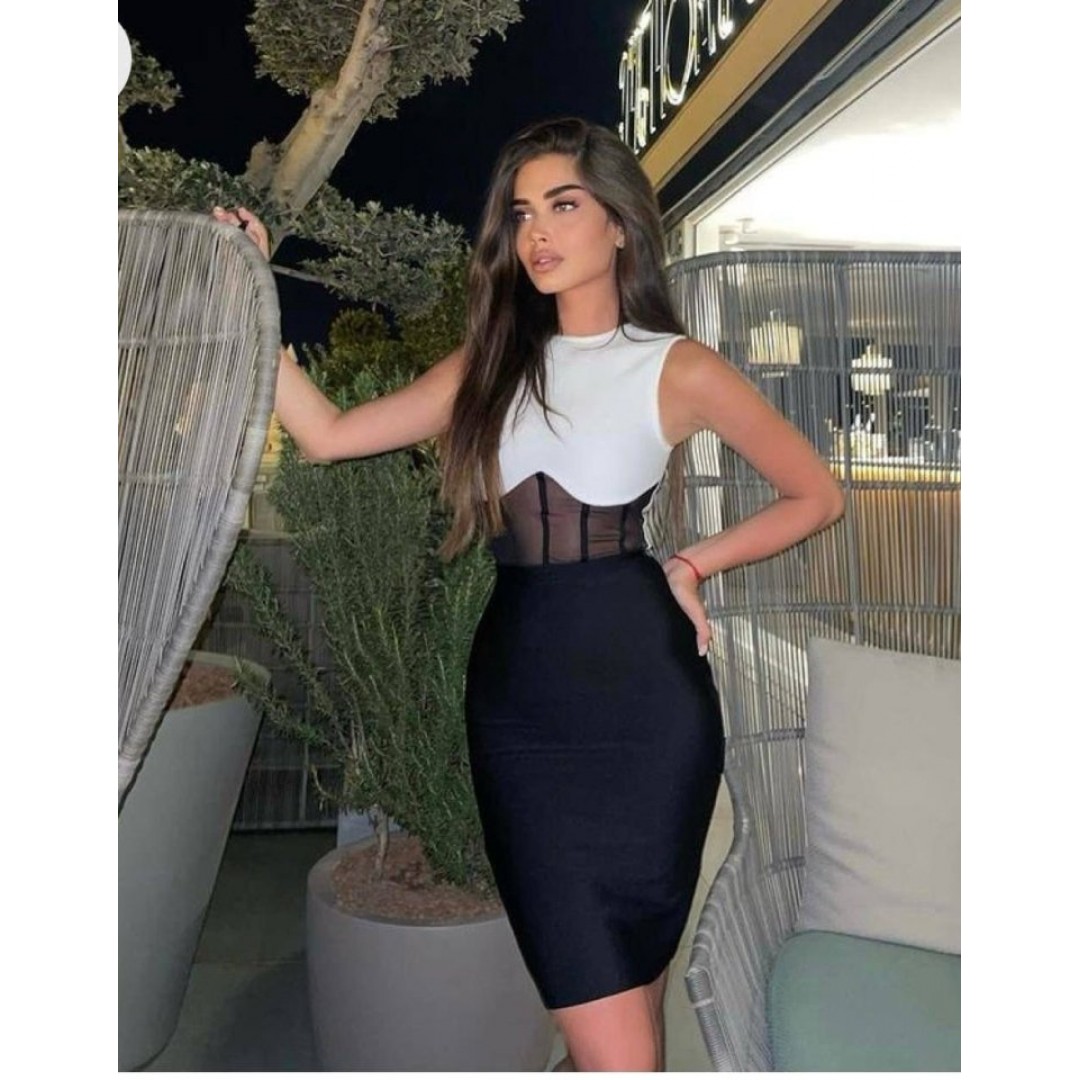 Kadın Bisiklet Yaka Kolsuz çift Renk Ve Bel Transparan Korse Detay Midi Boy Elbise - 154104