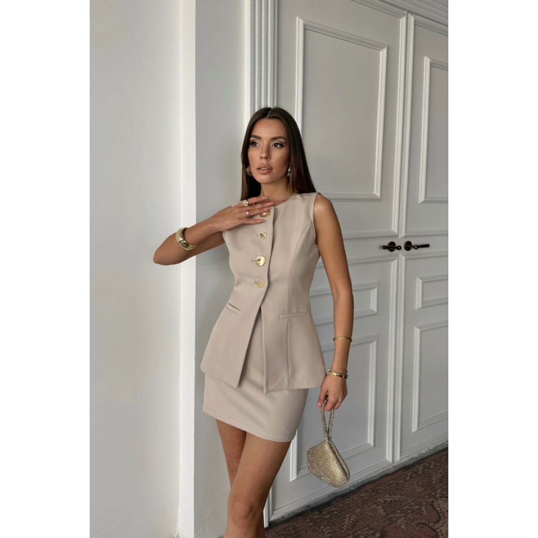 KLASİK GOLD DÜĞMELİ YELEK - KISA ETEK TAKIM - Bej 160288 KLASİK GOLD DÜĞMELİ YELEK - KISA ETEK TAKIM - Bej 160288