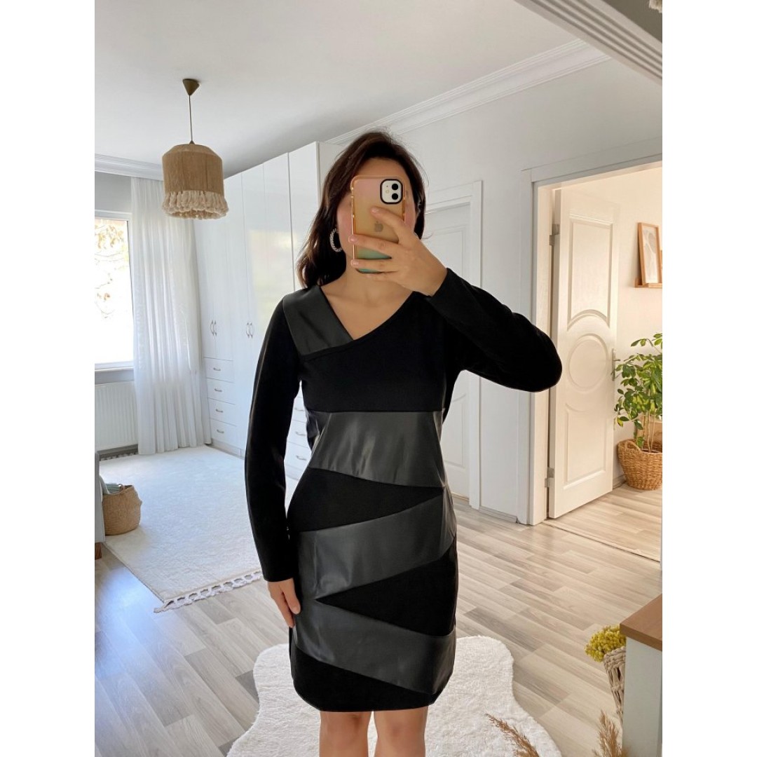 Kadın Uzun Kollu Asimetrik Yaka Süet Ve Deri Mini Boy Elbise - 133965 Kadın Uzun Kollu Asimetrik Yaka Süet Ve Deri Mini Boy Elbise - 133965
