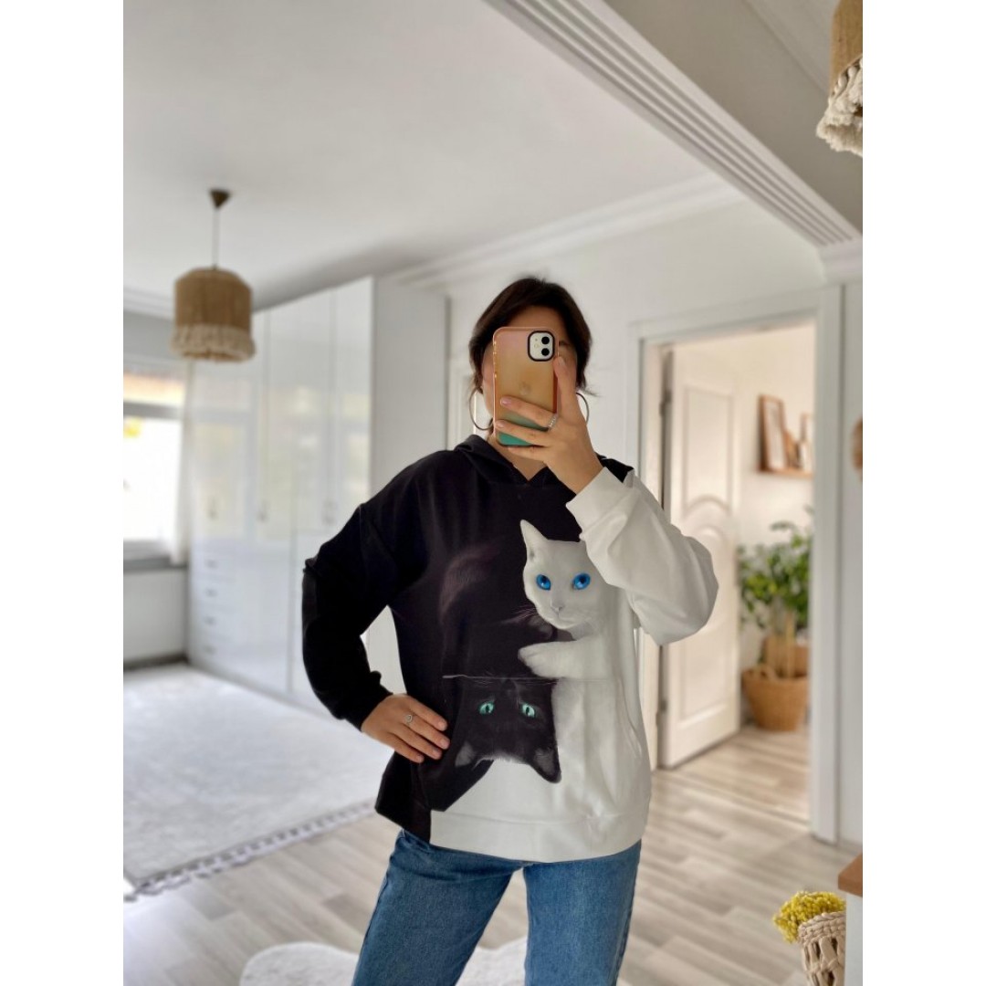 Kadın Uzun Kollu Kapşonlu Bağcıklı Kedi Desenli şardonlu Dalgıç Bluz - 134701 Kadın Uzun Kollu Kapşonlu Bağcıklı Kedi Desenli şardonlu Dalgıç Bluz - 134701