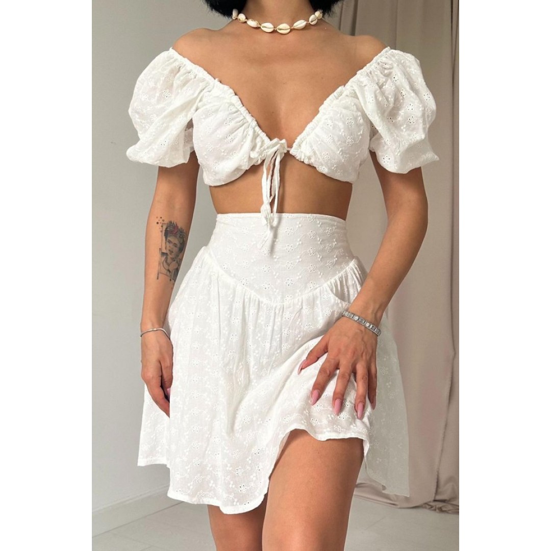 Ekru Brode Crop Ve Mini Etek Takım 152106 Ekru Brode Crop Ve Mini Etek Takım 152106