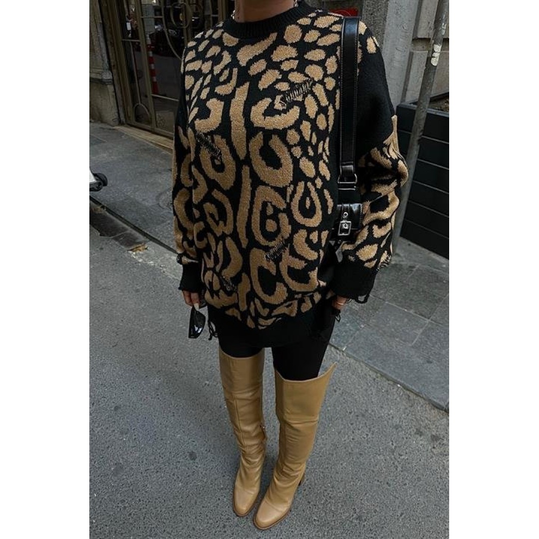Leopar Desenli Yırtık Detaylı Kazak 1344 158386 Leopar Desenli Yırtık Detaylı Kazak 1344 158386