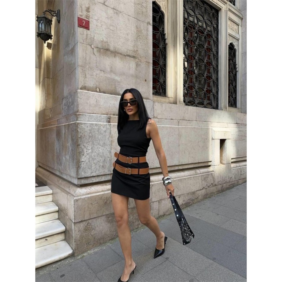 POLYVİSCON ÇİFT KEMER DETAYLI ELBİSE - Siyah - 152249 POLYVİSCON ÇİFT KEMER DETAYLI ELBİSE - Siyah - 152249