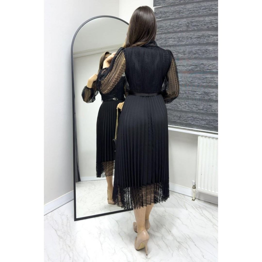 Kadın Denim Kumaş Dantel Detay Pileseli Elbise - 127076 Kadın Denim Kumaş Dantel Detay Pileseli Elbise - 127076