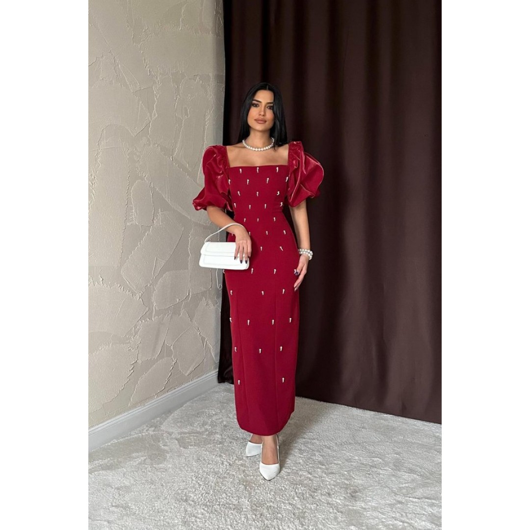 Bordo İşlemeli Kolu Garnili Elbise 159305 Bordo İşlemeli Kolu Garnili Elbise 159305
