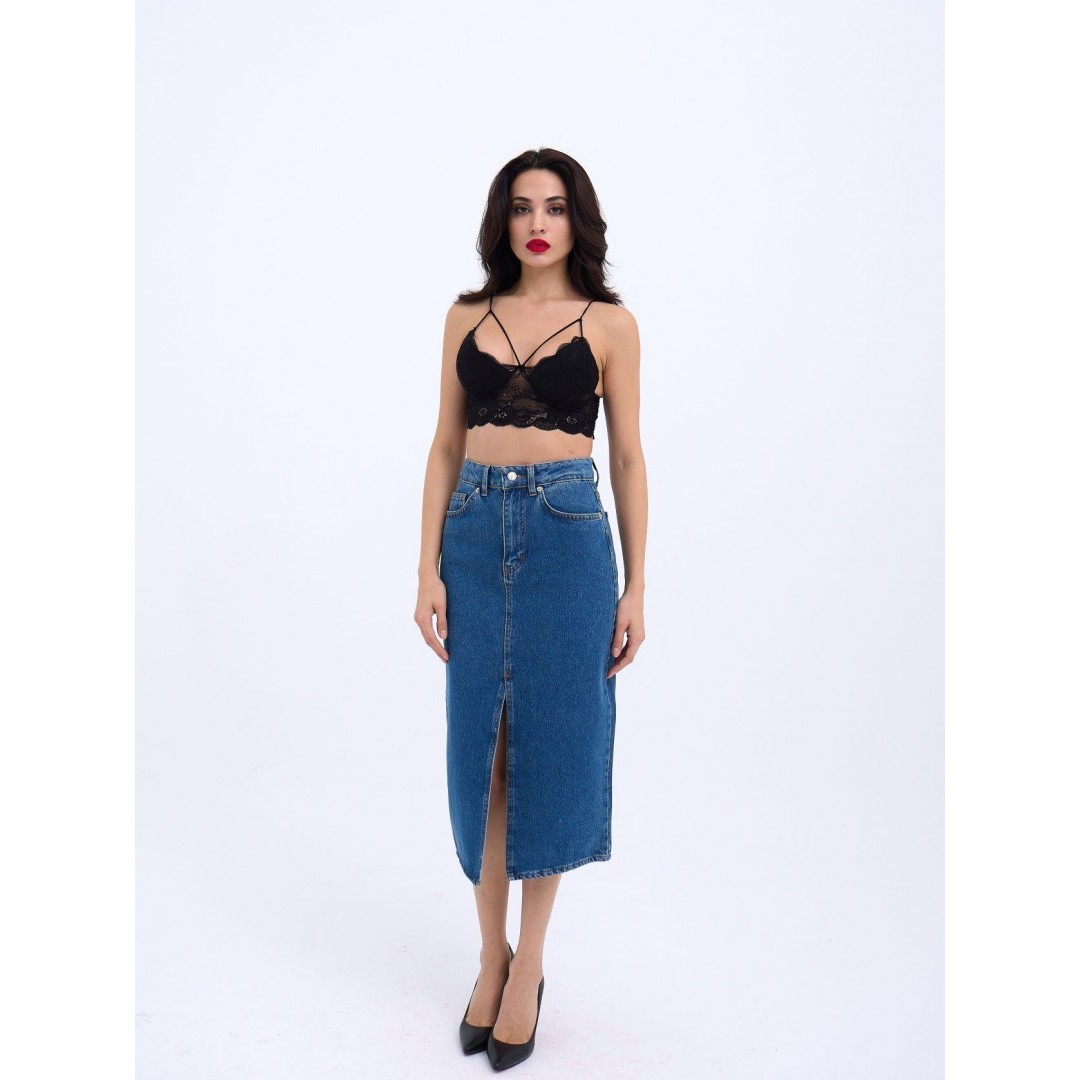 6471 DENİM MIDI SLIT SKIRT-KOYU MAVİ