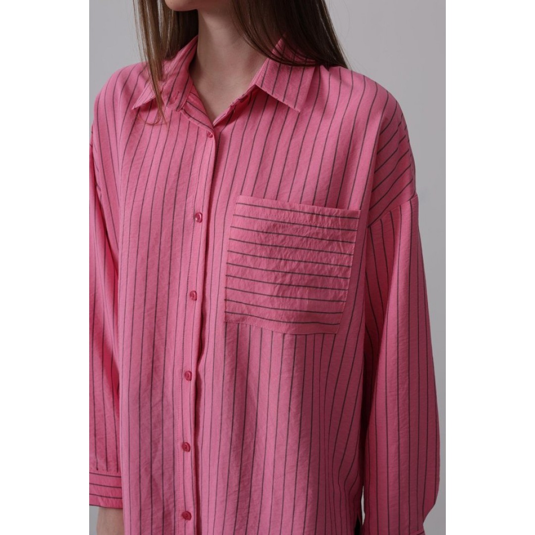 Çizgili Tek Cep Gömlek - Pembe - 157355 Çizgili Tek Cep Gömlek - Pembe - 157355