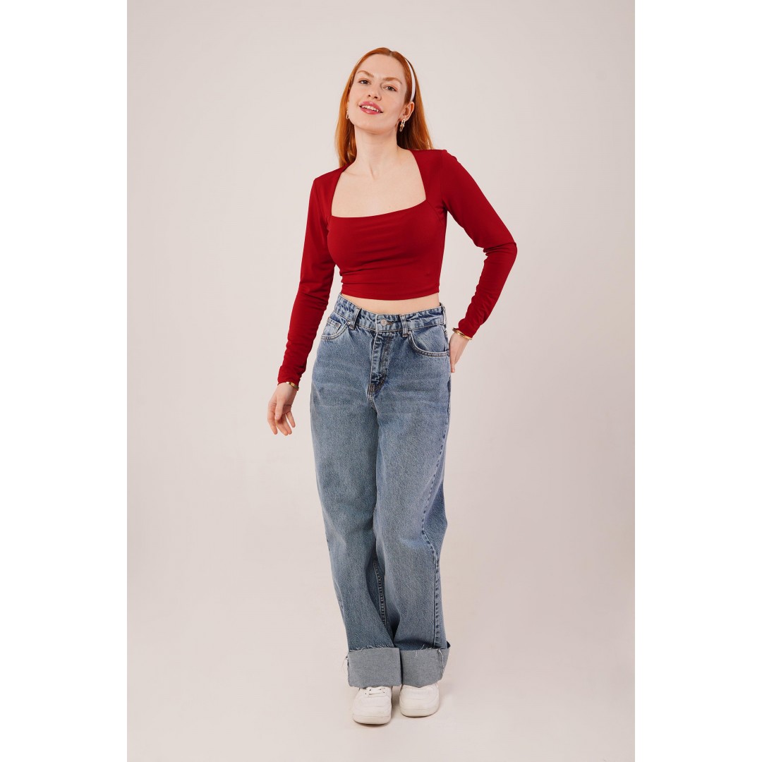 Kare Yaka Basic Bordo Bluz - 147544 Kare Yaka Basic Bordo Bluz - 147544