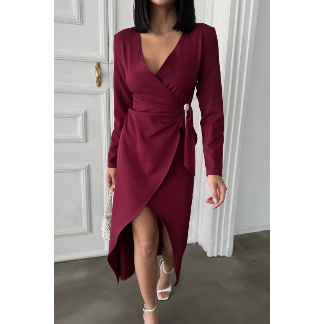 KRUVAZE BROŞ DETAYLI ELBİSE - Bordo - 153955 KRUVAZE BROŞ DETAYLI ELBİSE - Bordo - 153955