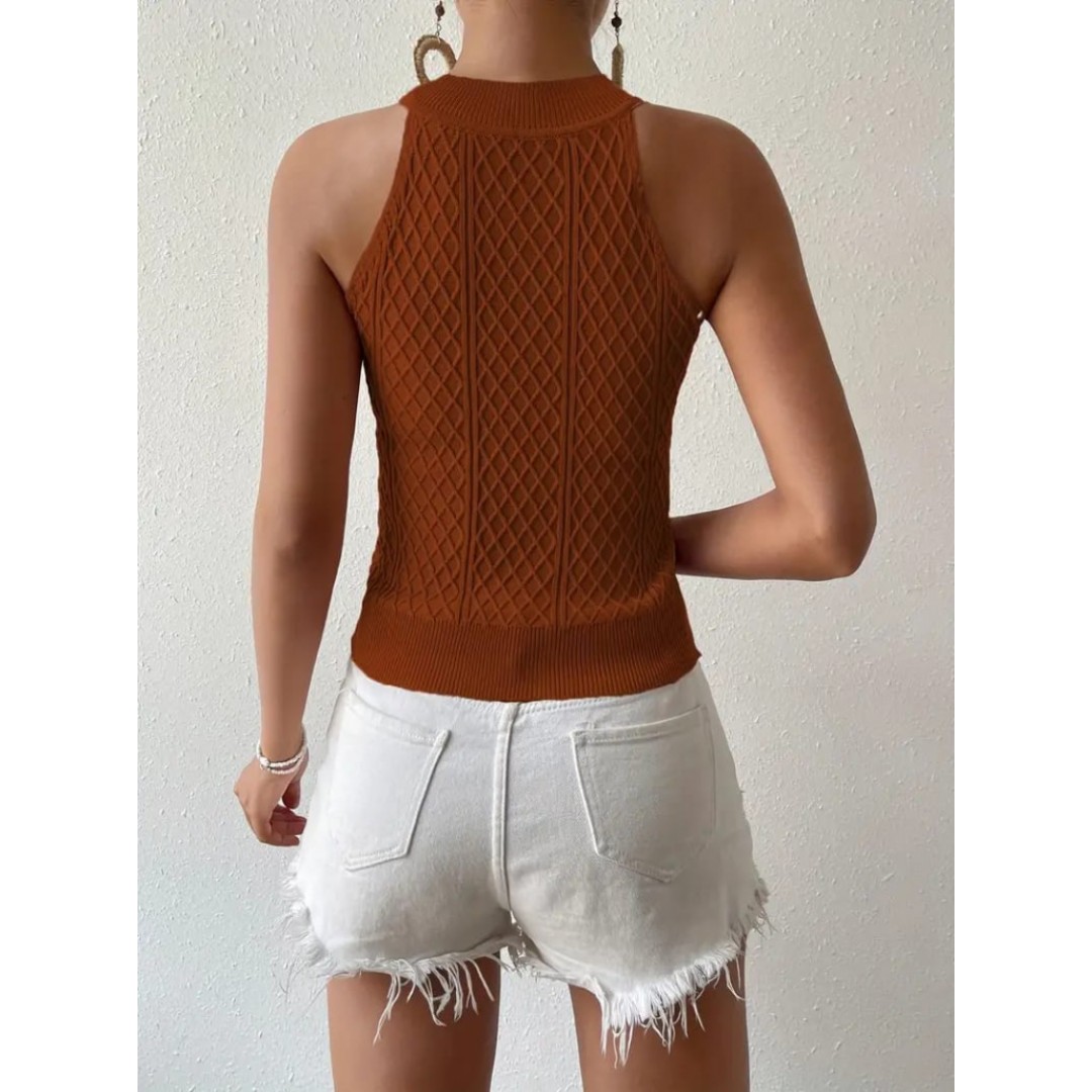 Kadın Kolsuz Halter Yaka Mini Baklava Desenli Triko Bluz - 159561 Kadın Kolsuz Halter Yaka Mini Baklava Desenli Triko Bluz - 159561