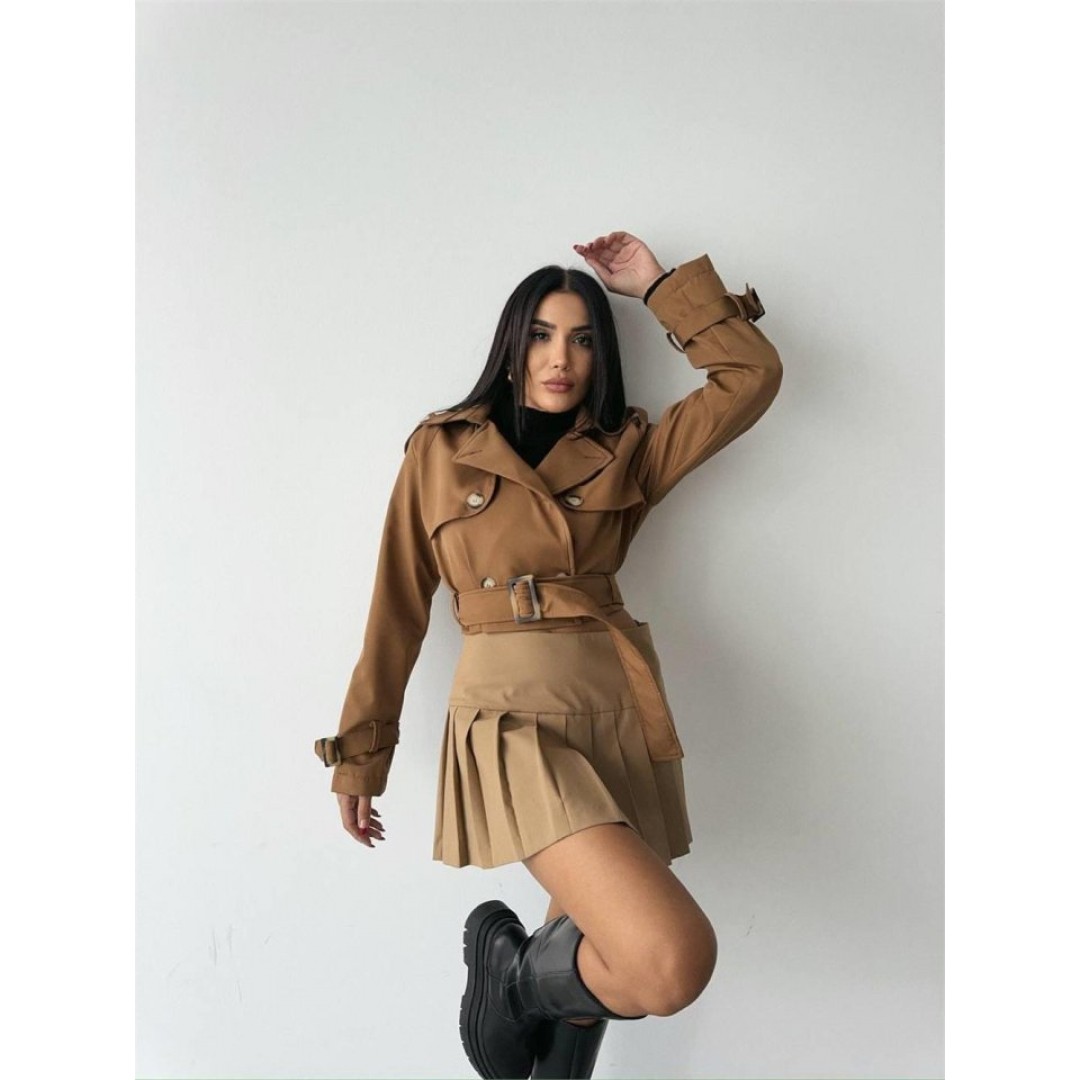 CROP TRENCH KEMER DETAYLI - Kahverengi
