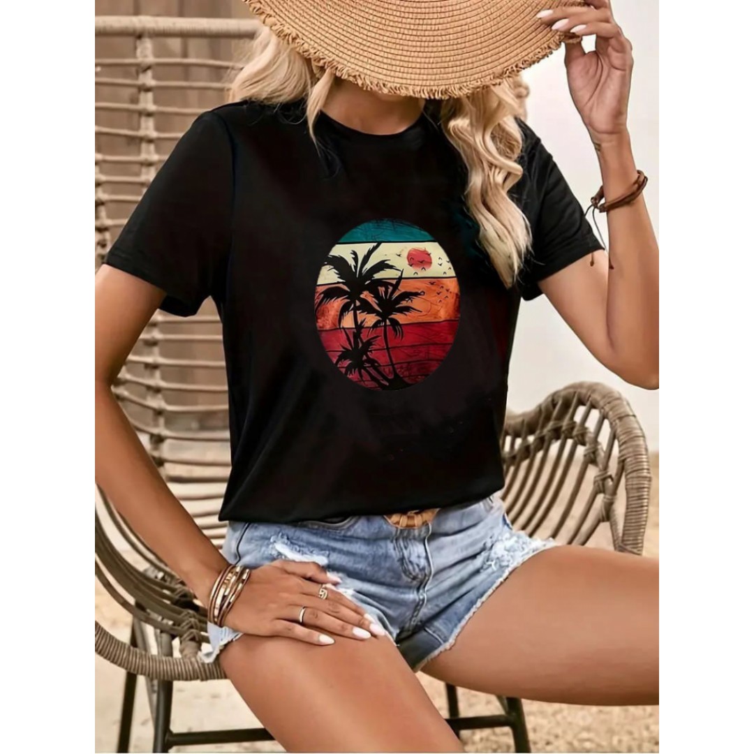 Kadın Kısa Kollu Palmiye Baskılı Viskon T-shirt 161925